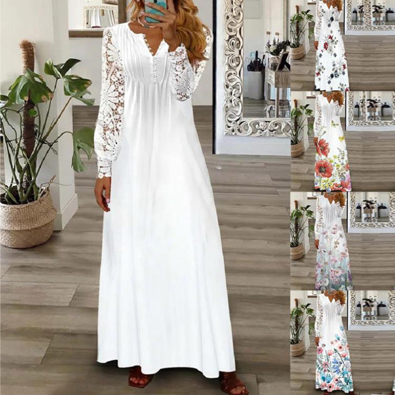 Vestido em algodão estampado com acabamento em renda
