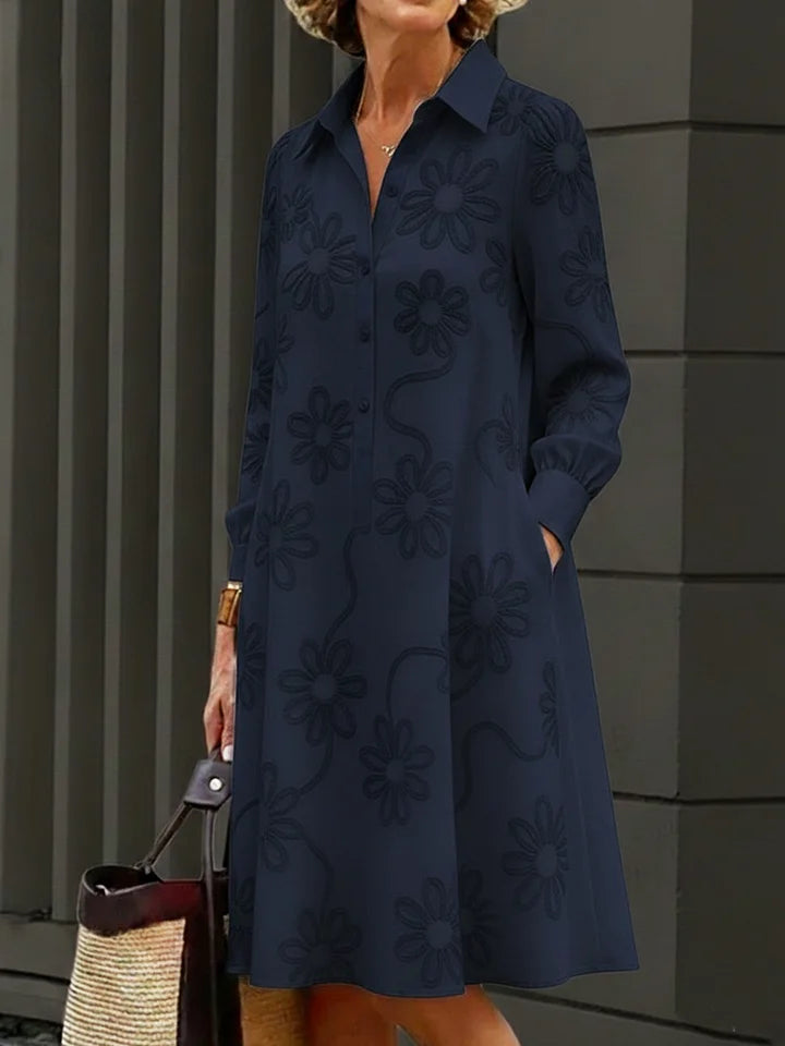 Vestido elegante com bordado floral e gola de camisa
