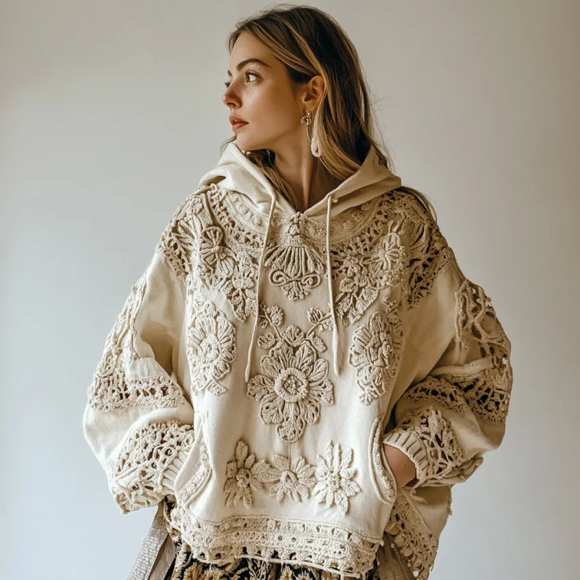 Sweatshirt casual para mulher com capuz e estampa floral bordada