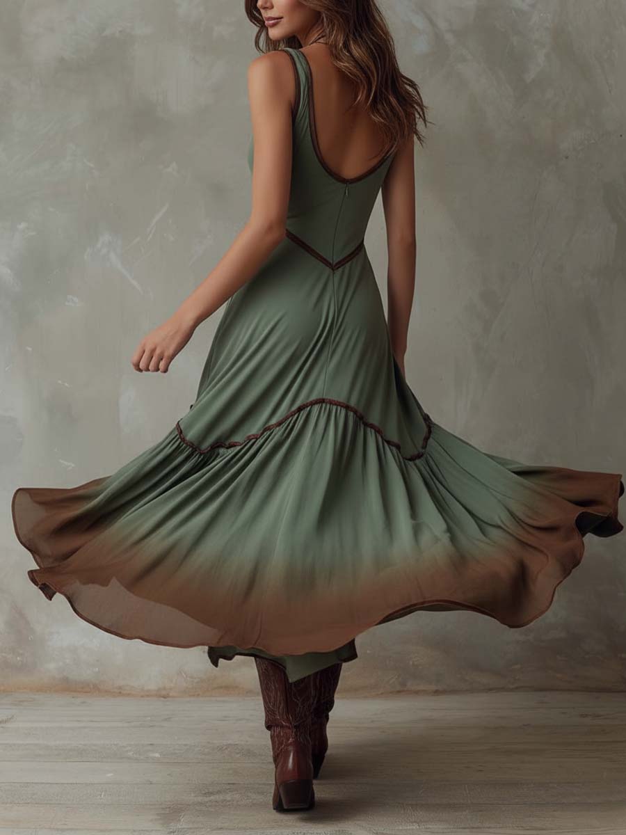 Vestido midi com folhos em estilo boémio com efeito degradé