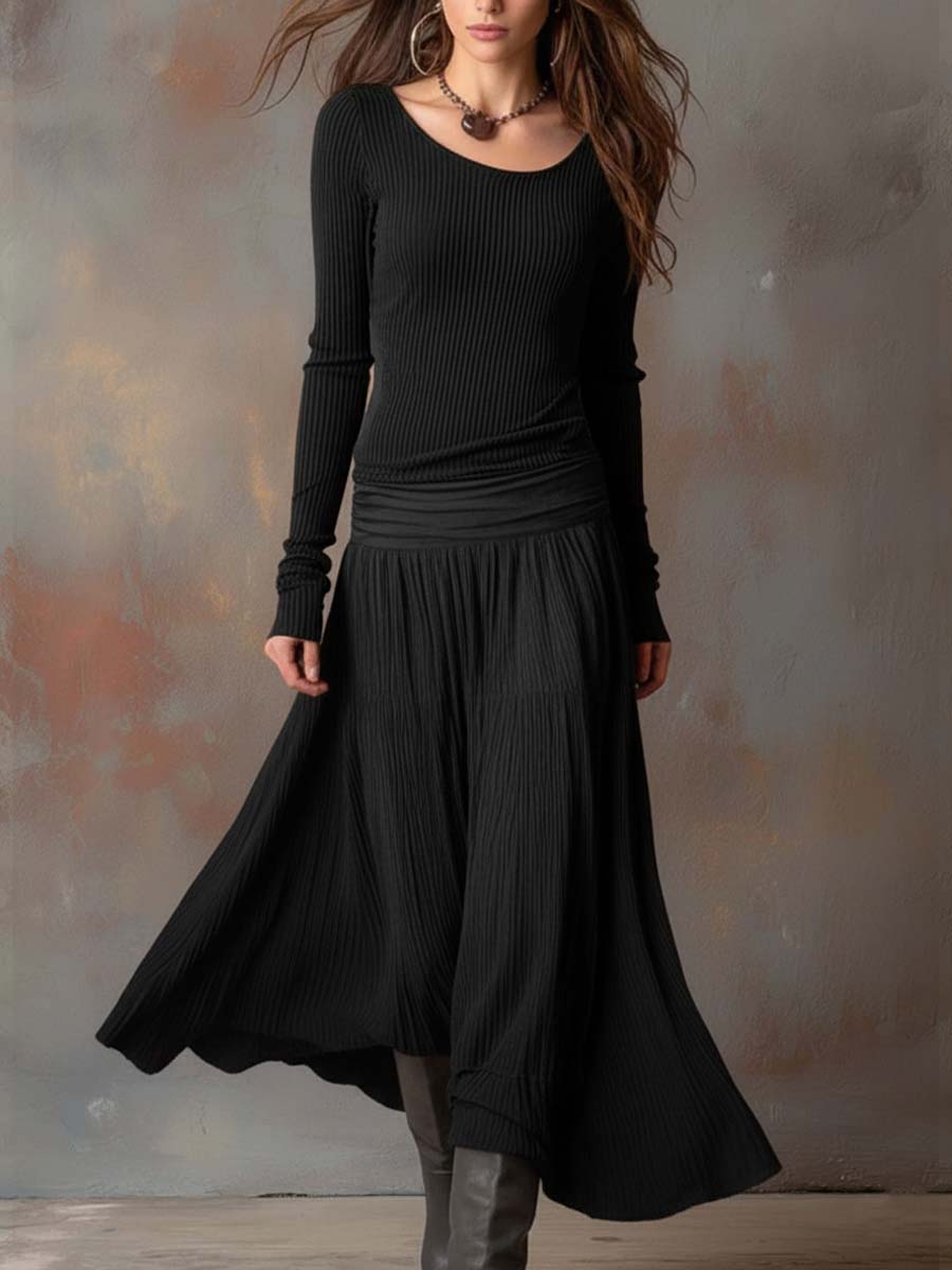 Vestido maxi vintage canelado em cinzento carvão