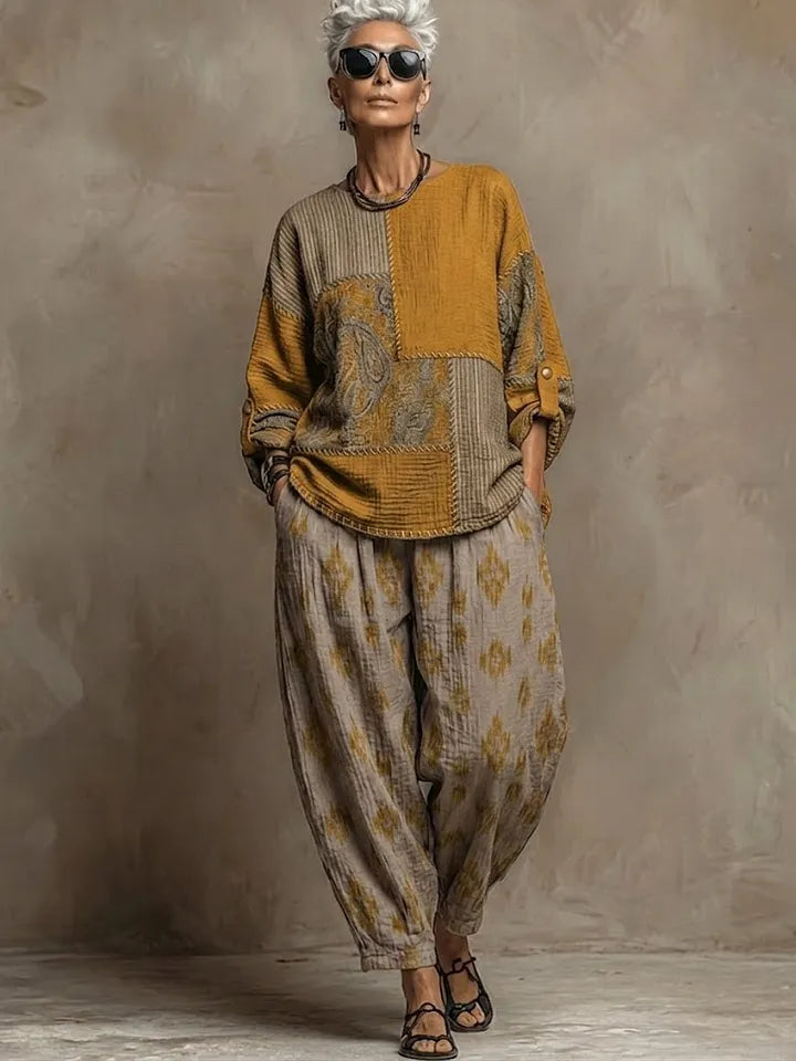 Conjunto de Duas Peças (Top e Calça) em Linho e Algodão com Estampado Paisley Boémia
