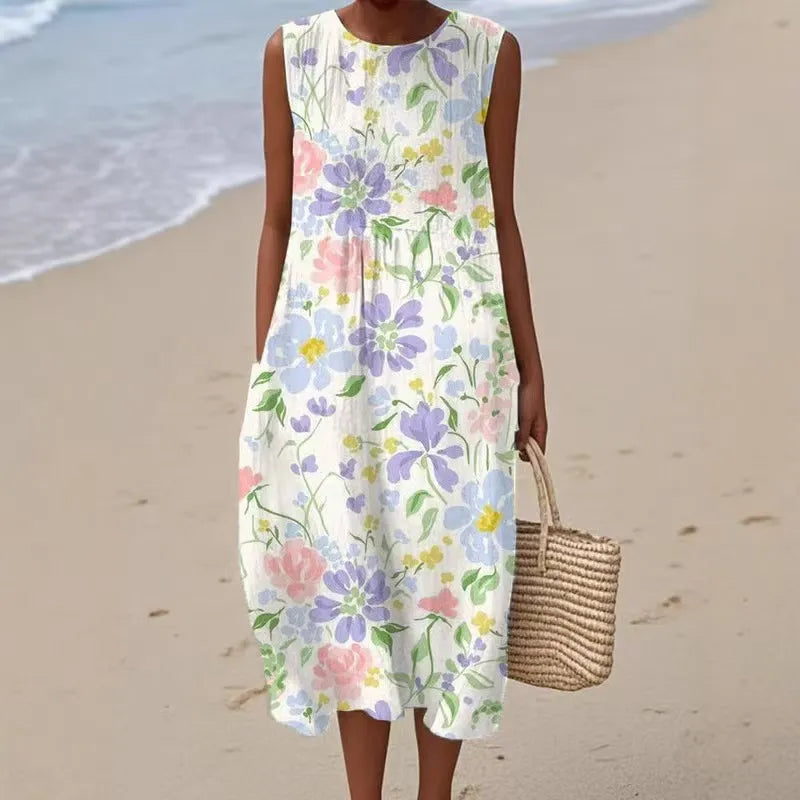 Vestido de verão para menina sem mangas com decote redondo