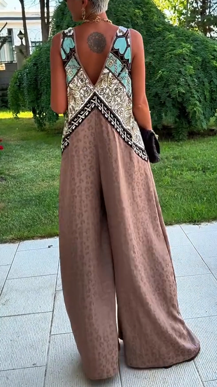 Women's V-neck Patchwork Printed Loose Casual Jumpsuit