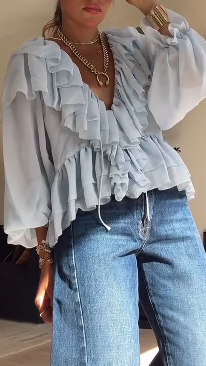 Blusa casual para mulher com decote em V e várias camadas emendadas