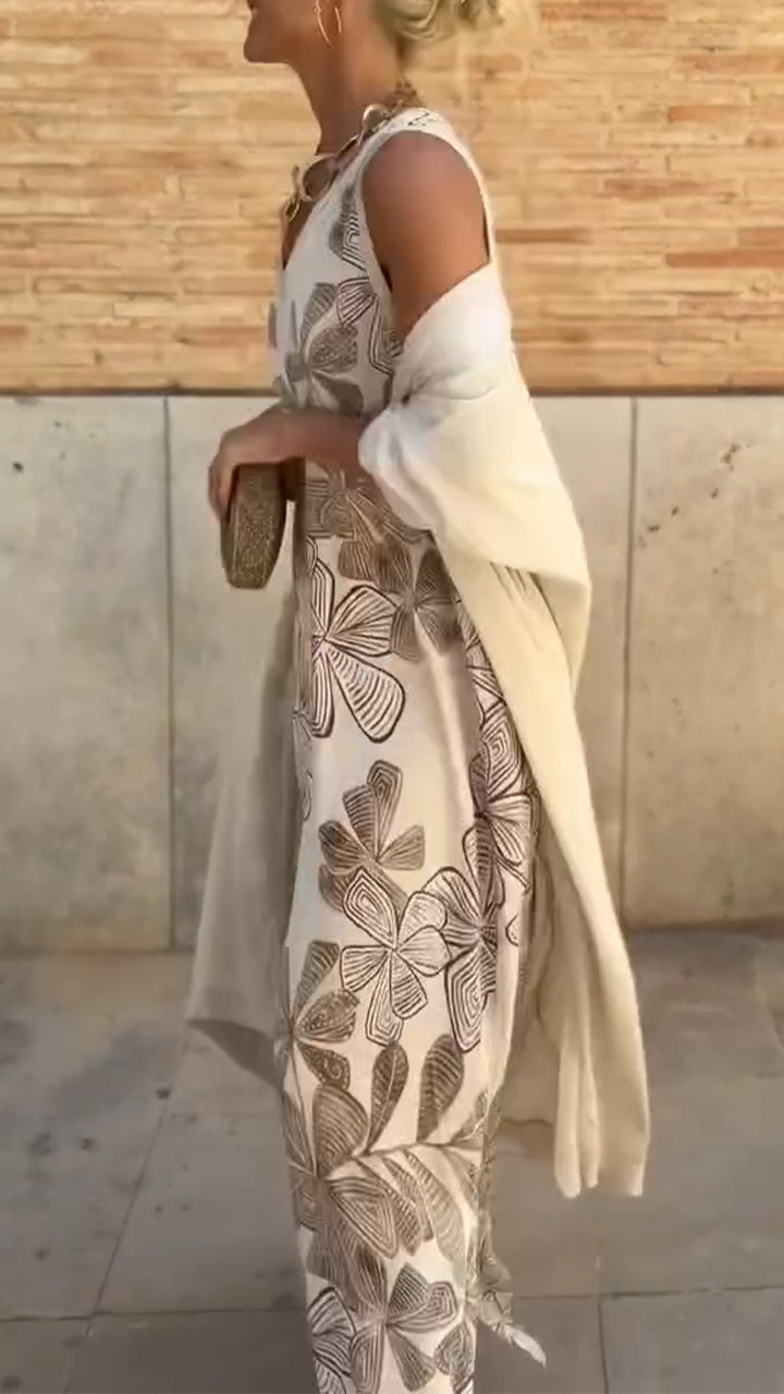 Vestido estampado com decote em V para mulher + conjunto casual cardigan