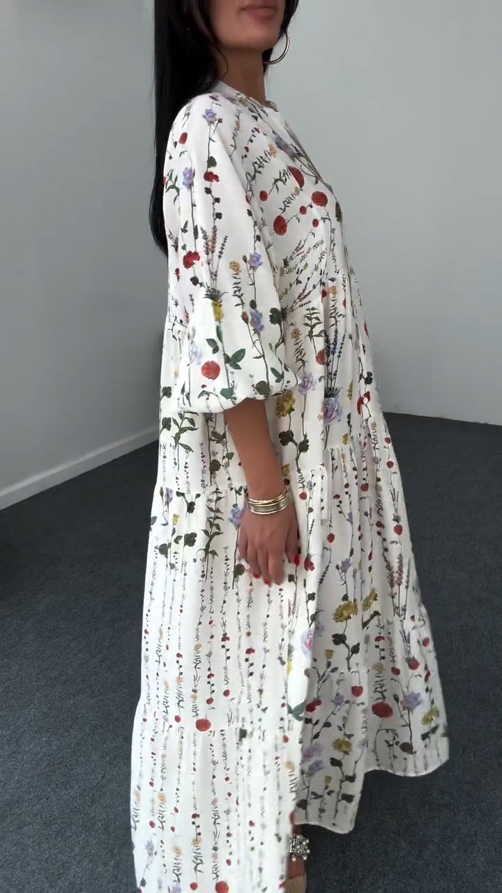 Vestido casual para mulher com estampado de patchwork e gola redonda