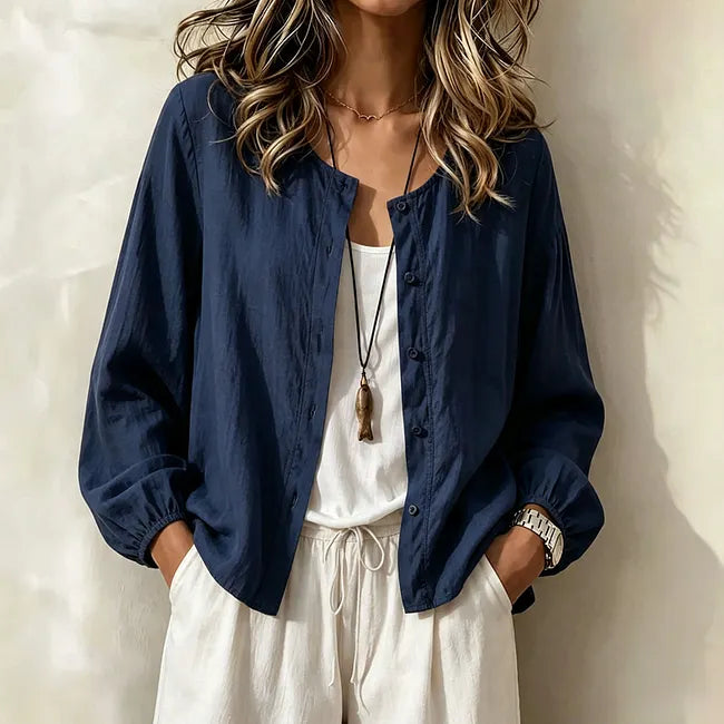 Camisa de senhora de algodão de cor única com botões
