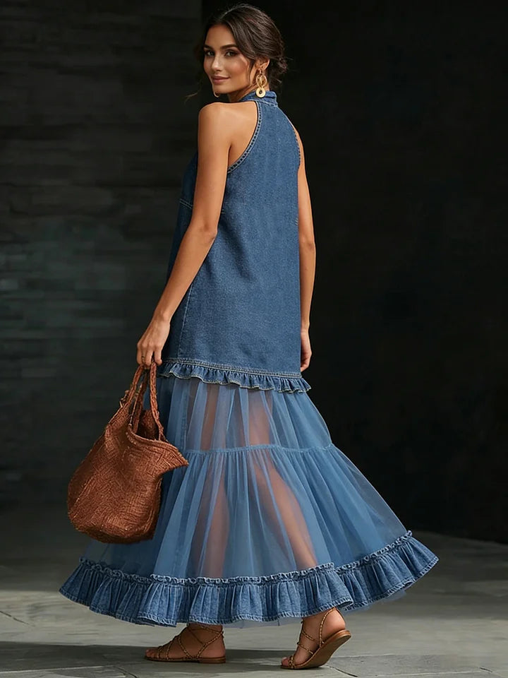 Vestido comprido elegante e elegante em ganga com painéis de organza