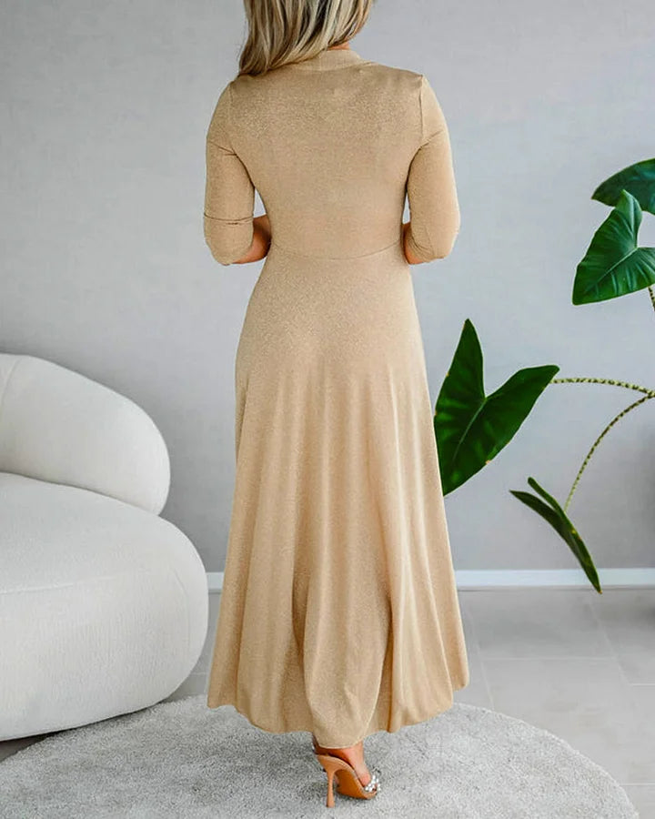 Vestido elegante de cor sólida com decote em V e mangas a três quartos
