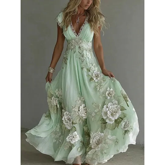 Elegante vestido de chiffon para mulher com renda bordada e decote em V profundo.