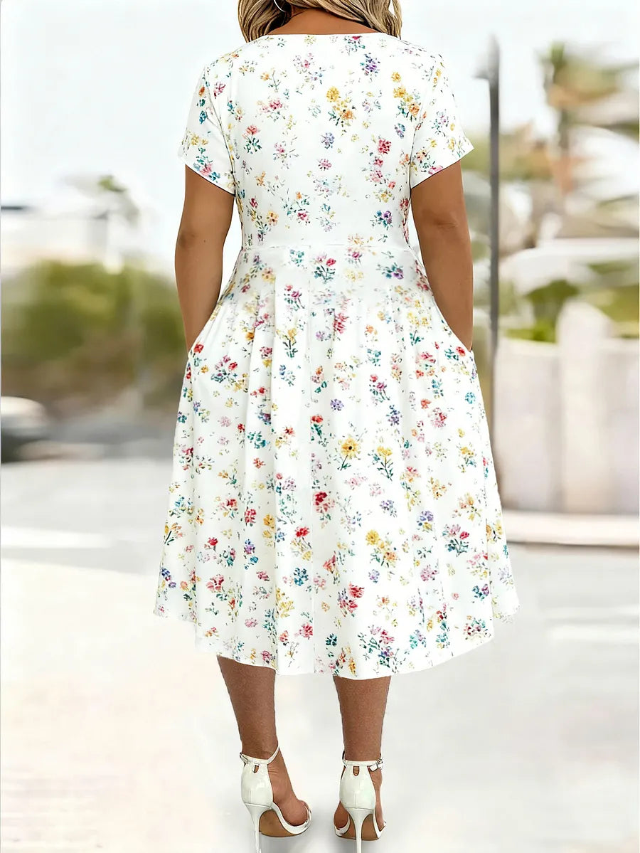 Vestido floral para mulher com decote em V e cintura
