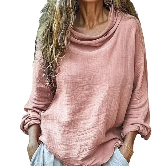 Blusa de linho para mulher, estilo boémio, simples e casual, de manga comprida