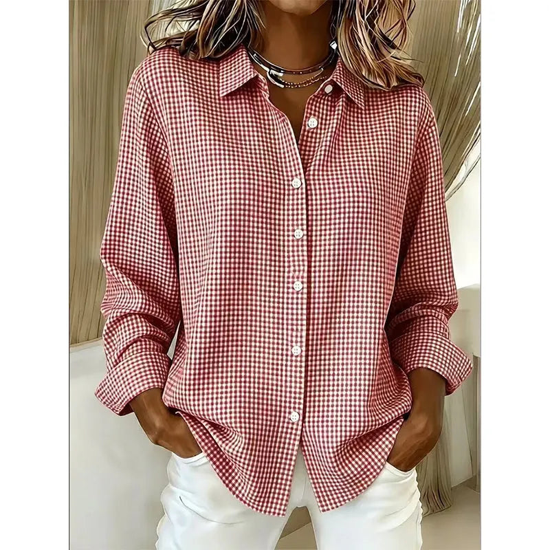Camisa xadrez de manga comprida para mulher em estilo retro