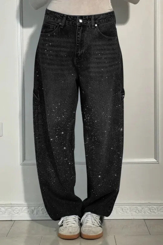 Jeans harém largos para mulher com strass