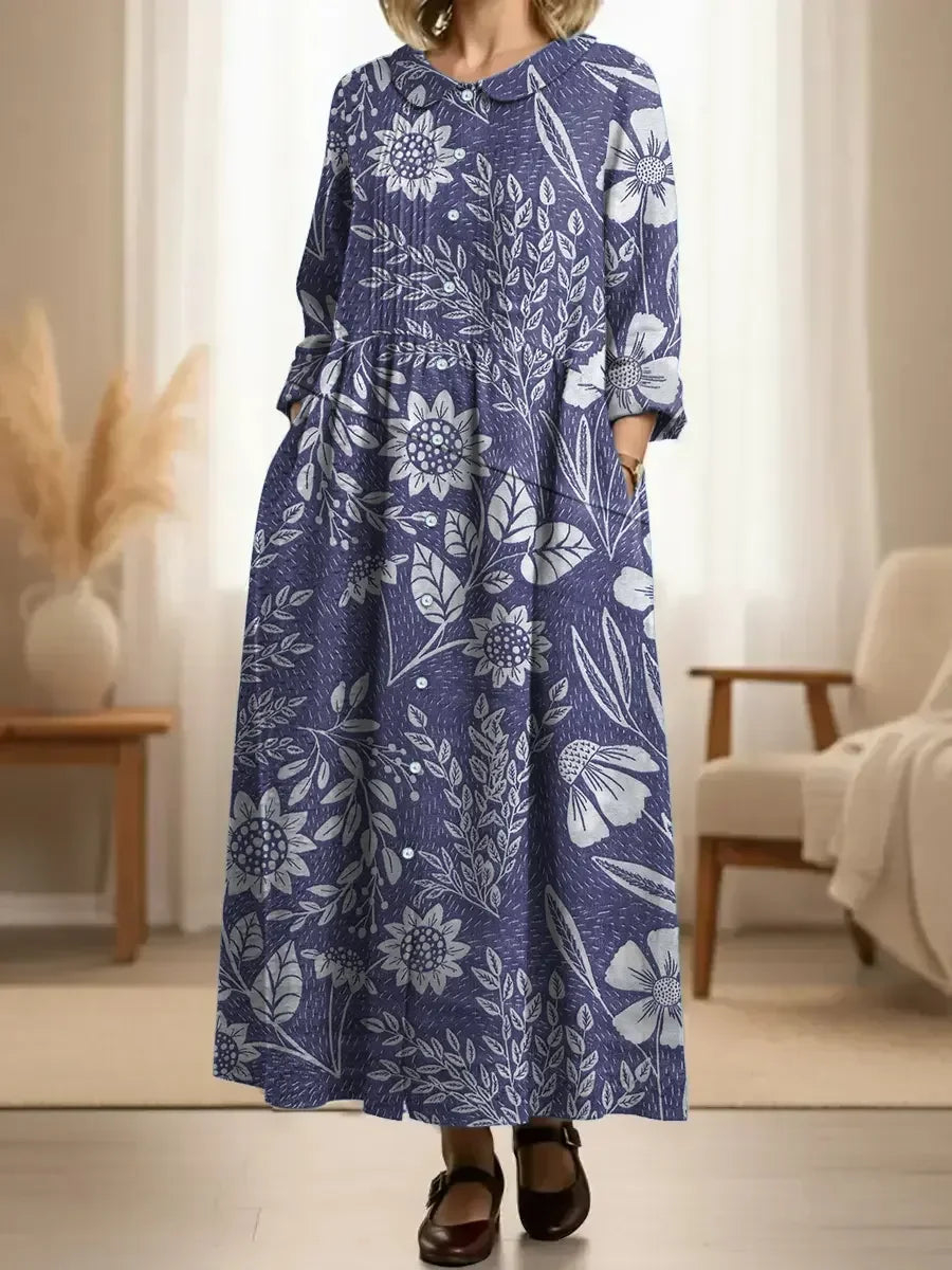 Vestido casual de manga comprida para mulher com estampado floral retro, gola Peter Pan e gola estilo retro.