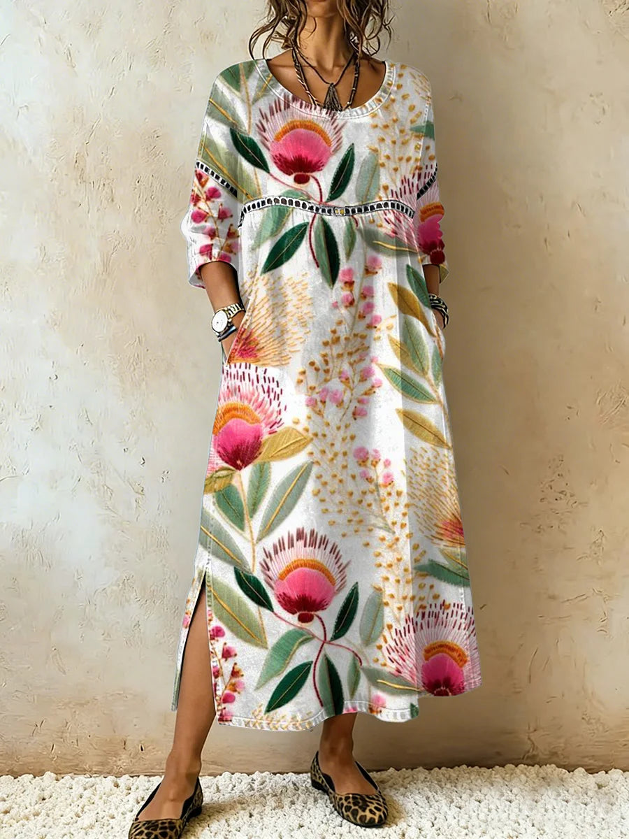 Vestido casual para mulher com estampado floral e detalhes em renda