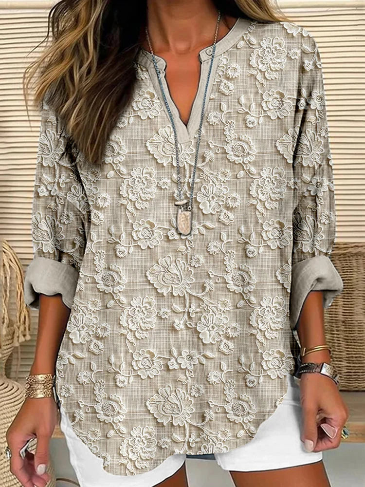 Camisa de conforto vintage floral renda bordada mistura de linho