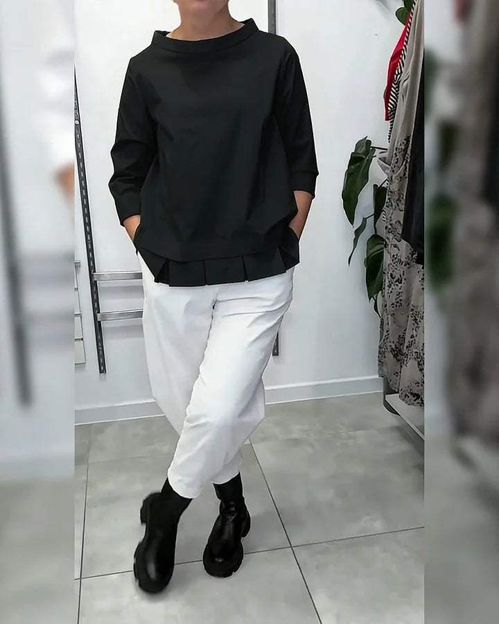 Blusa com gola larga, 100% algodão, cor lisa, estilo casual.