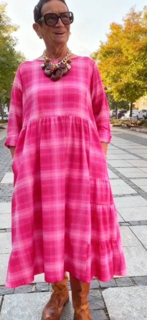 đ„đ„đăS-5XLăVestido solto xadrez retro com manga a trĂȘs quartos