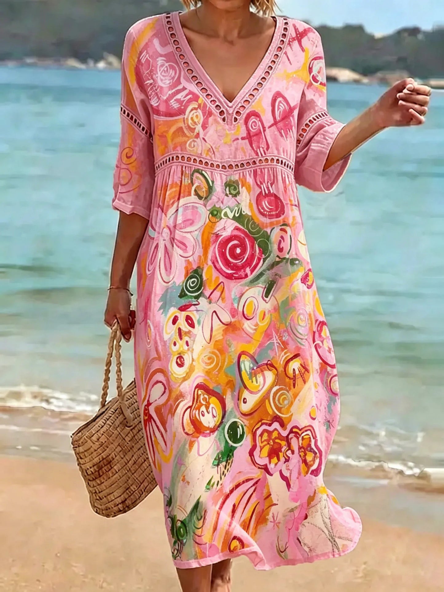 Vestido de festa com grafite colorido e decote em V 2026