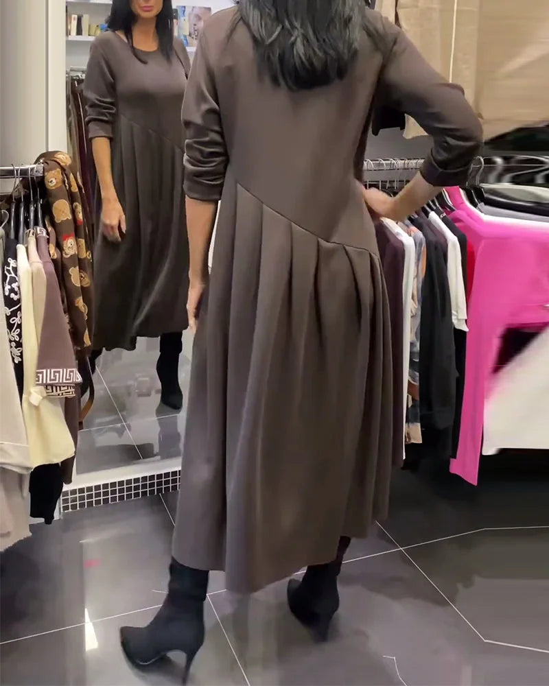 Vestido casual de cor sólida com gola redonda