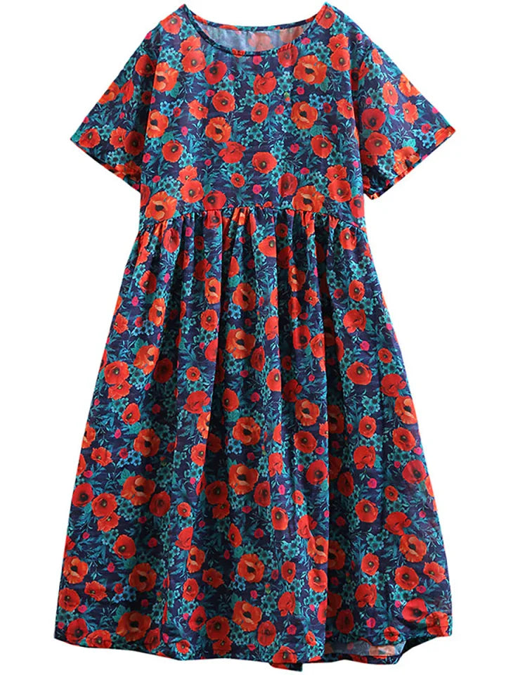 Vestido casual de mulher em algodão com estampado floral retro
