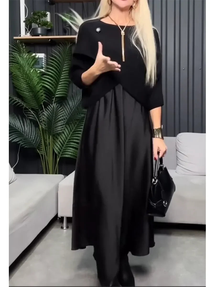 Conjunto de duas peças: camisola de malha e vestido tipo *slip dress* de cetim para mulher