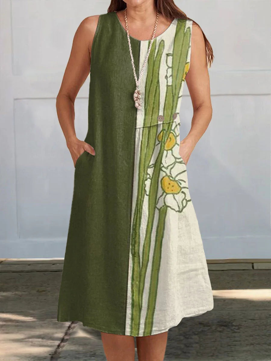 Vestido de algodão estampado com decote em V e sem mangas