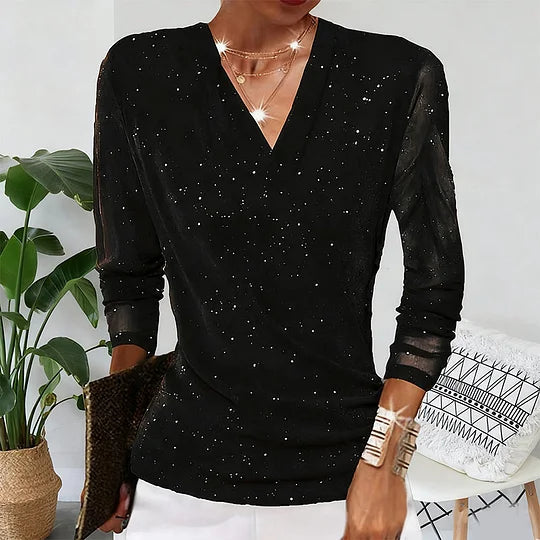 🔥Ofertas Imperdíveis - Blusa de Mulher de Manga Comprida com Decote em V e Lantejoulas