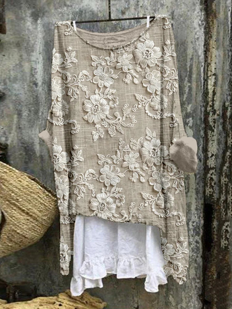 Túnica vintage de mistura de linho bordada com renda floral