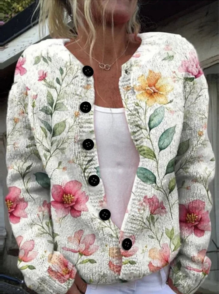 Cardigan com botões e estampado de rosas cor-de-rosa