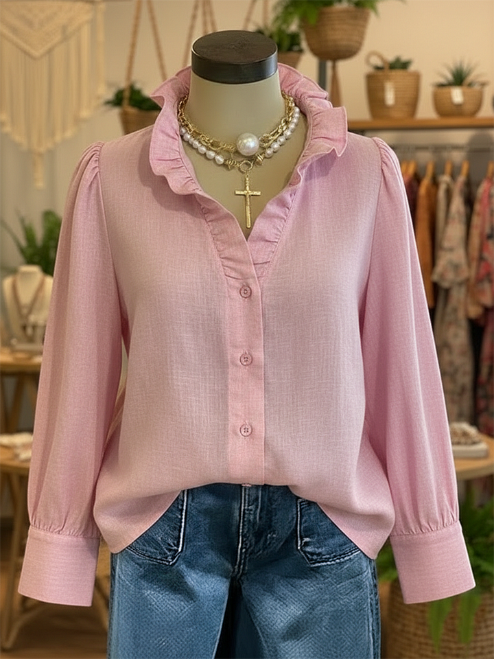 Camisa vintage romântica com decote em V franzido em mistura de linho e algodão.