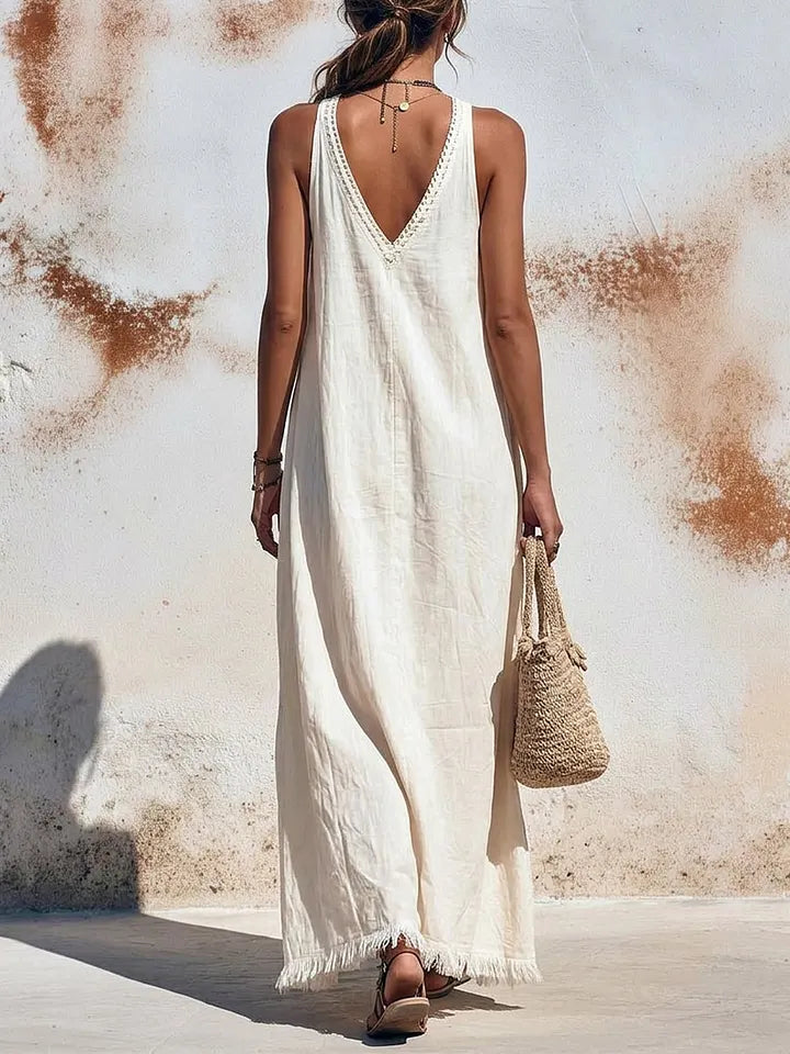 Vestido de senhora em algodão e linho, casual, elegante e confortável, com alças.