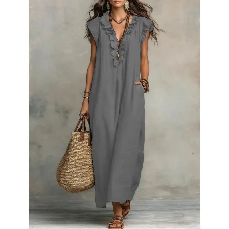 Vestido comprido com decote em V, folhos e manga curta