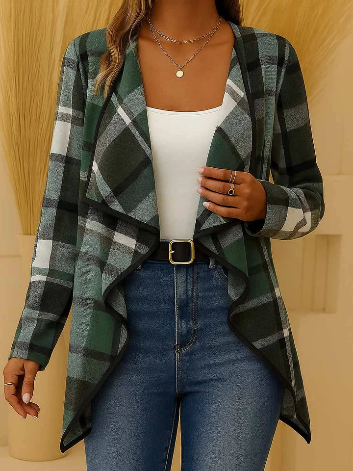 Cardigan feminino casual solto com estampado xadrez e manga comprida