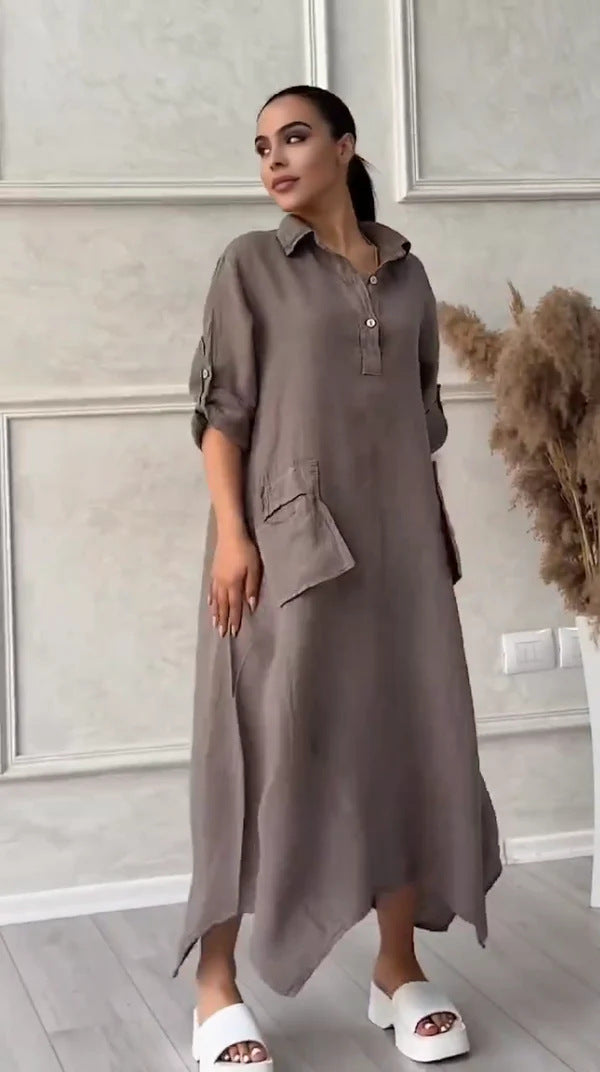 Vestido comprido de senhora em linho e algodão com lapelas