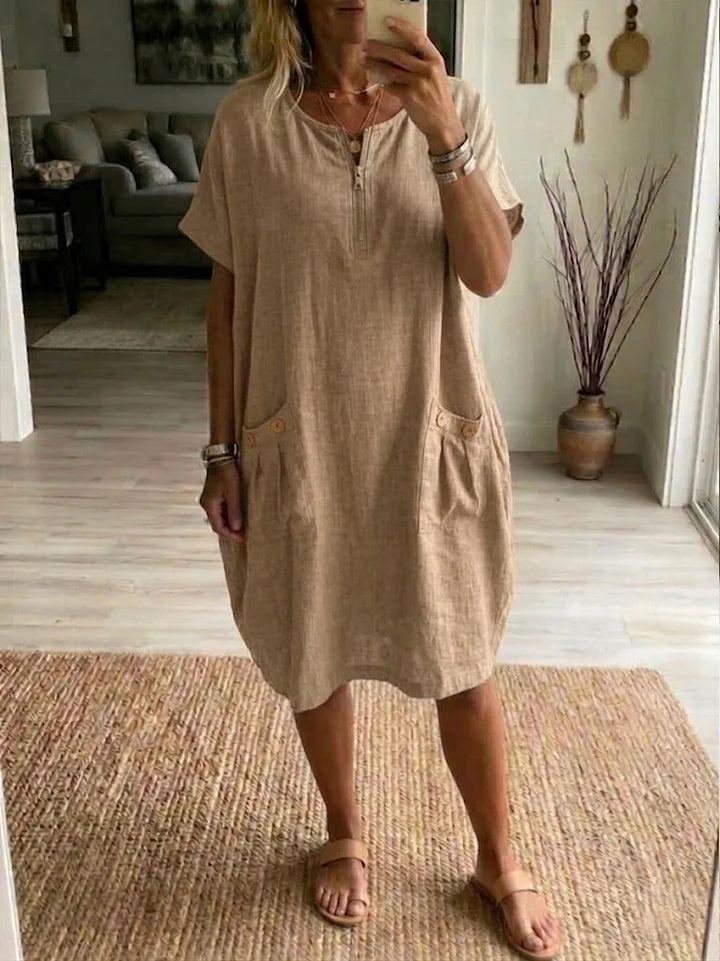 Vestido casual largo em linho e algodão com meio fecho