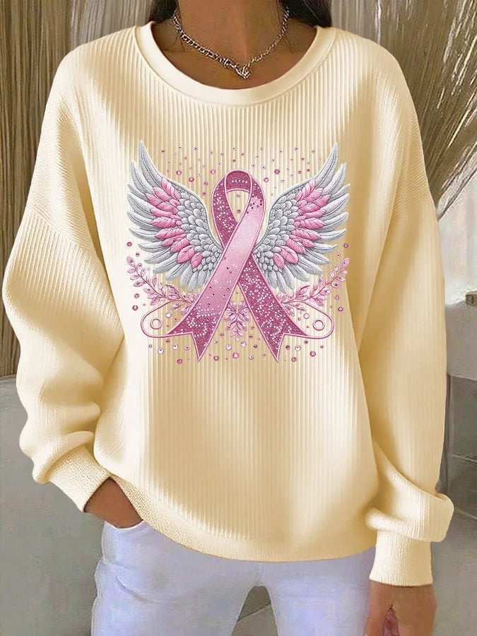 Sweatshirt casual para mulher com estampa de fita rosa e asas