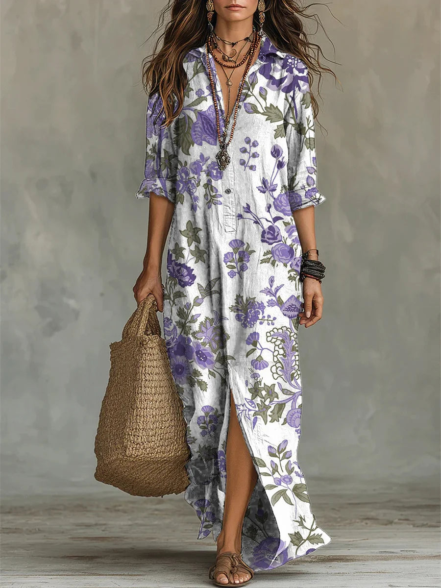 Vestido de algodão de manga comprida com elegante estampado floral decorativo
