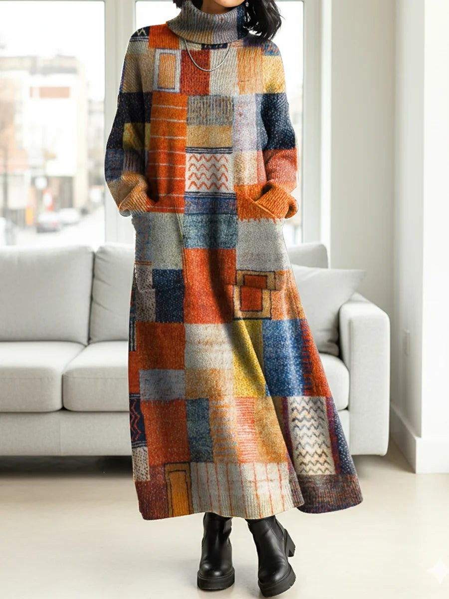 Vestido casual de malha de algodão para mulher com patchwork geométrico artístico