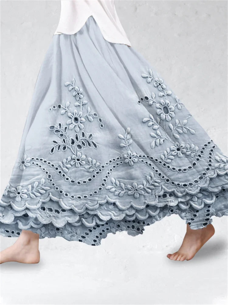 Saia de mistura de linho com renda bordada floral