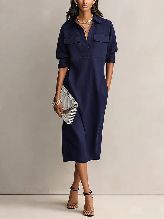 Vestido casual em algodão e linho, de cor sólida, manga comprida e corte largo
