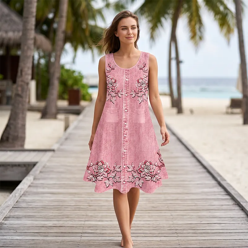 Vestido sem mangas – com um estampado e um look que imita jeans.