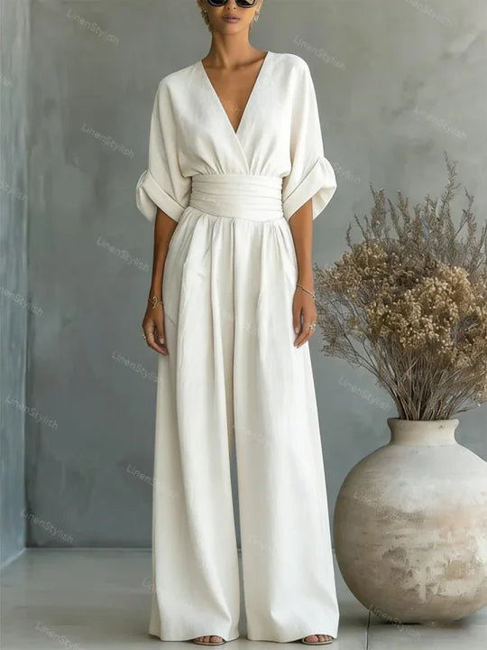 Macacão de moda com decote em V e cintura marcada