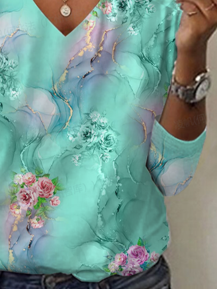 Blusa floral de manga comprida com decote em V e estampado casual primavera outono