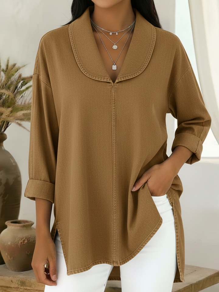 Blusa retro de algodão e jeans com gola xaile