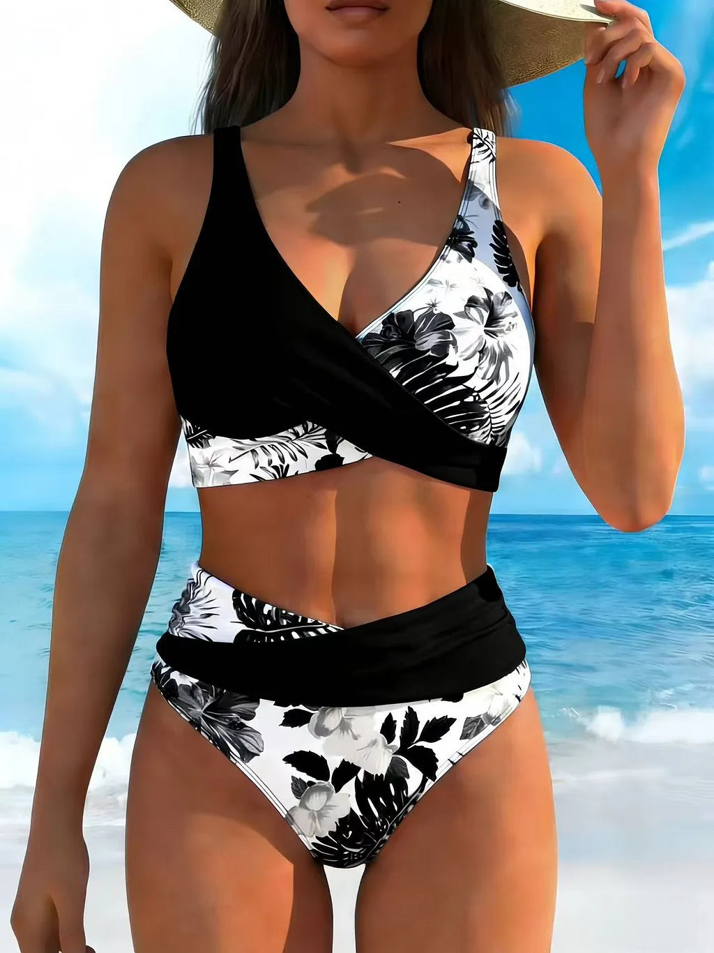 Conjunto de biquíni de cintura alta para mulher com estampado floral