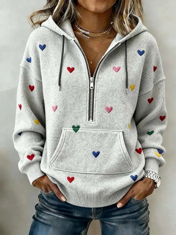 Camisola de mulher larga com capuz e bordado de coração