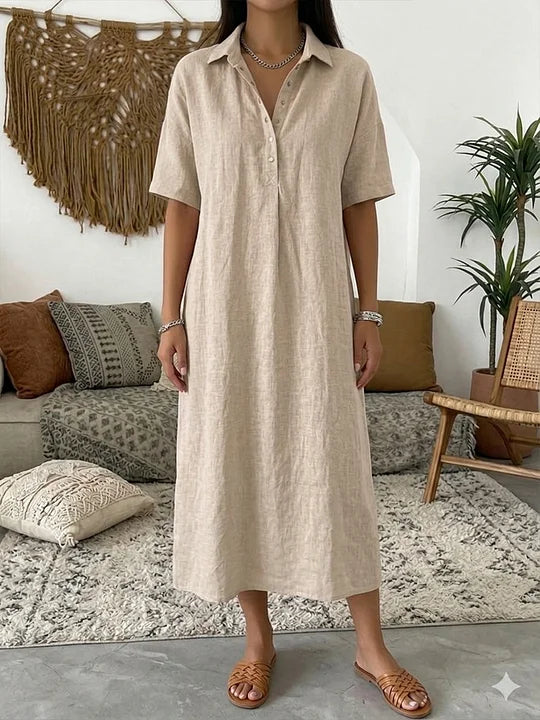 Vestido polo para mulher em algodão e linho – Manga curta casual para o verão